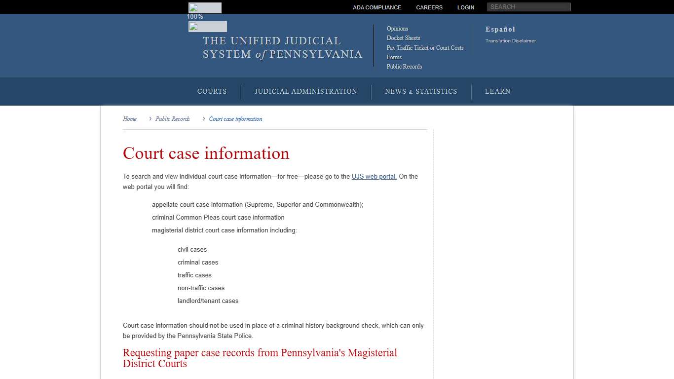 Court case information | Public Records | Unified Judicial System of Pennsylvania